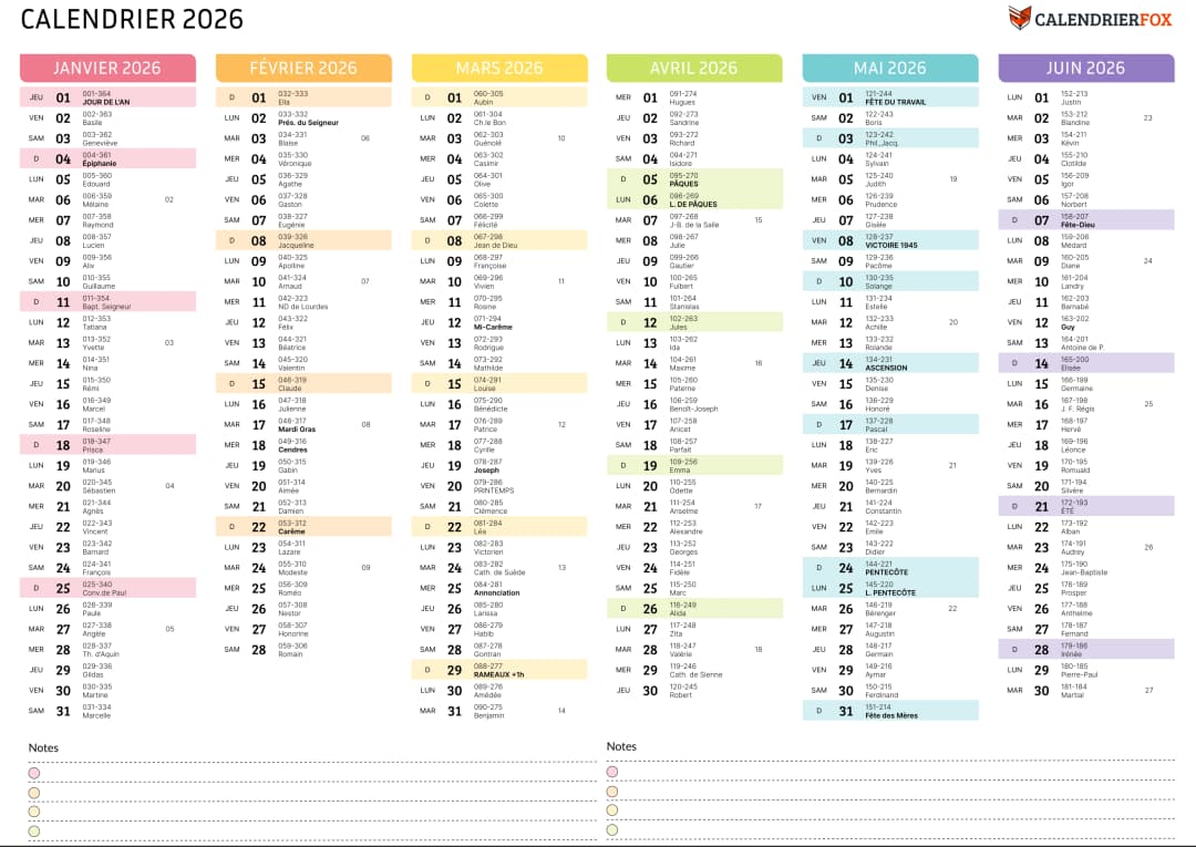 Calendrier coloré 2026 avec Français jours fériés