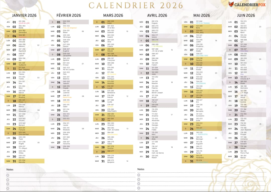 Calendrier esthétique 2026 avec jours fériés