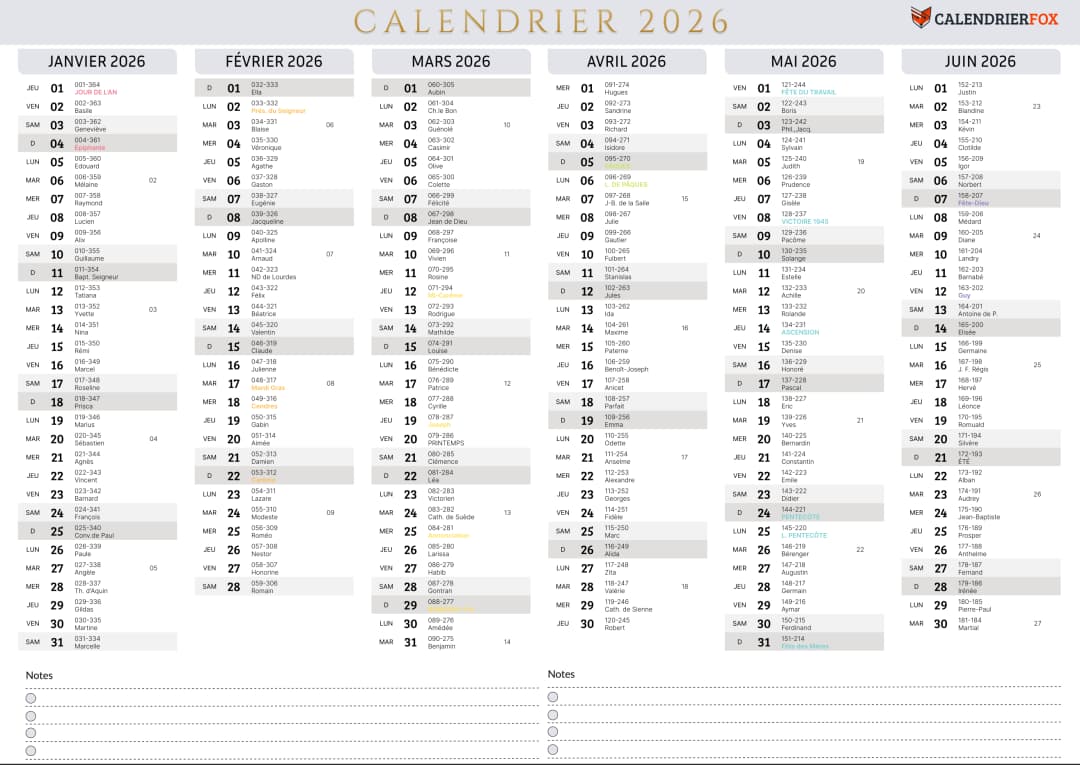 Calendrier minimaliste 2026 avec jours fériés