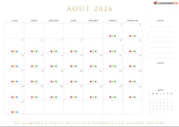 Calendrier août 2026 avec scolaires