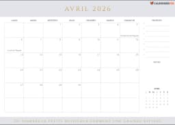 Calendrier avril 2026 avec Jours Fériés