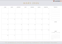 Calendrier mars 2026 avec Jours Fériés