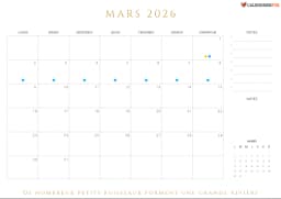 Calendrier mars 2026 avec scolaires