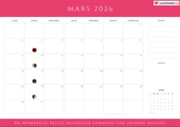 Calendrier mars 2026 avec phases de lune