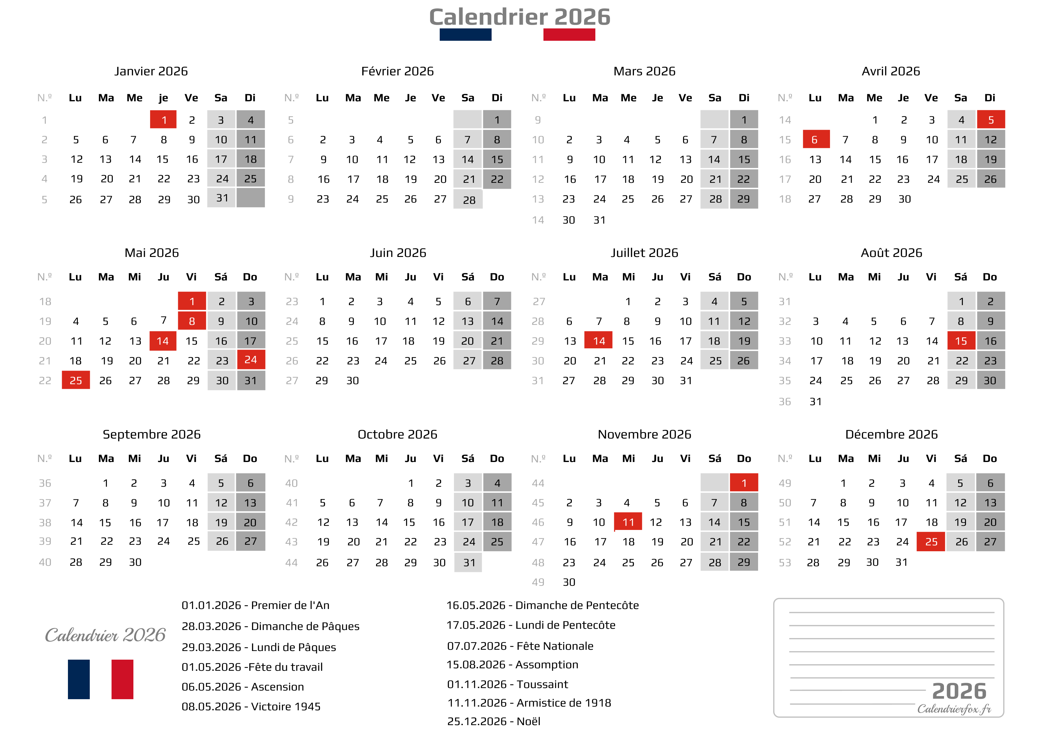 Annuel Calendrier avec jours feries