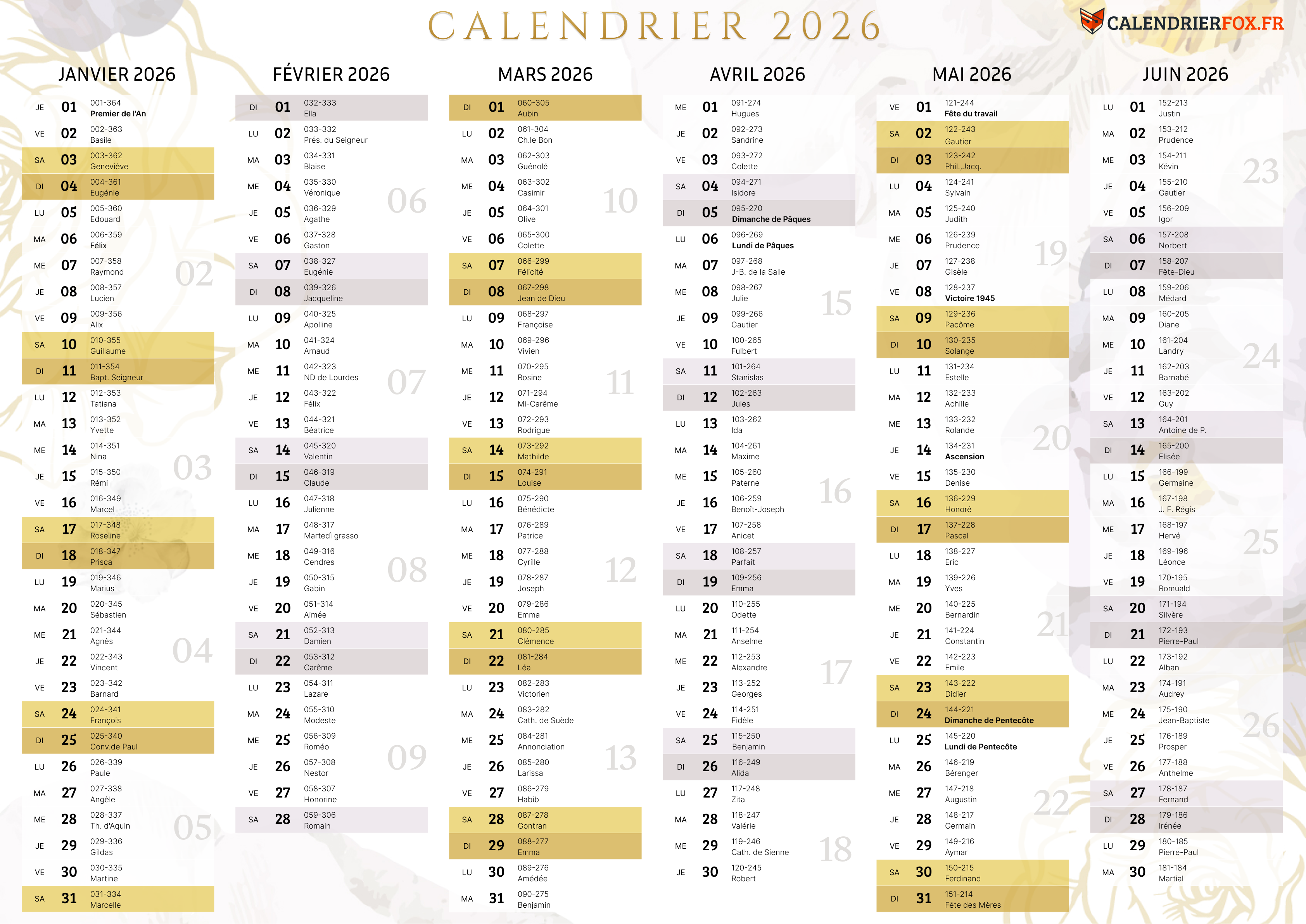Annuel Calendrier avec numero semaine