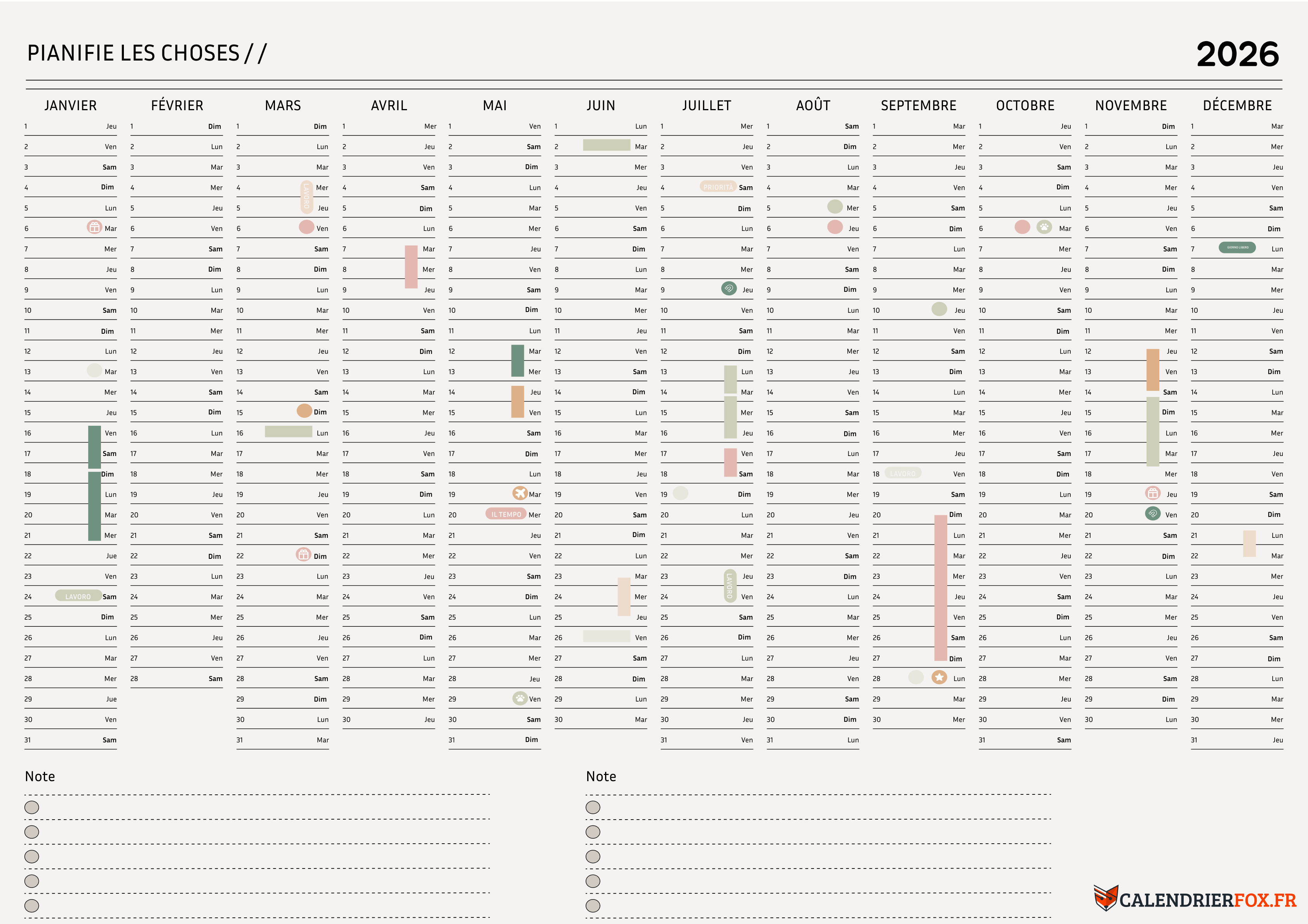 Annuel Calendrier 2026 Minimaliste