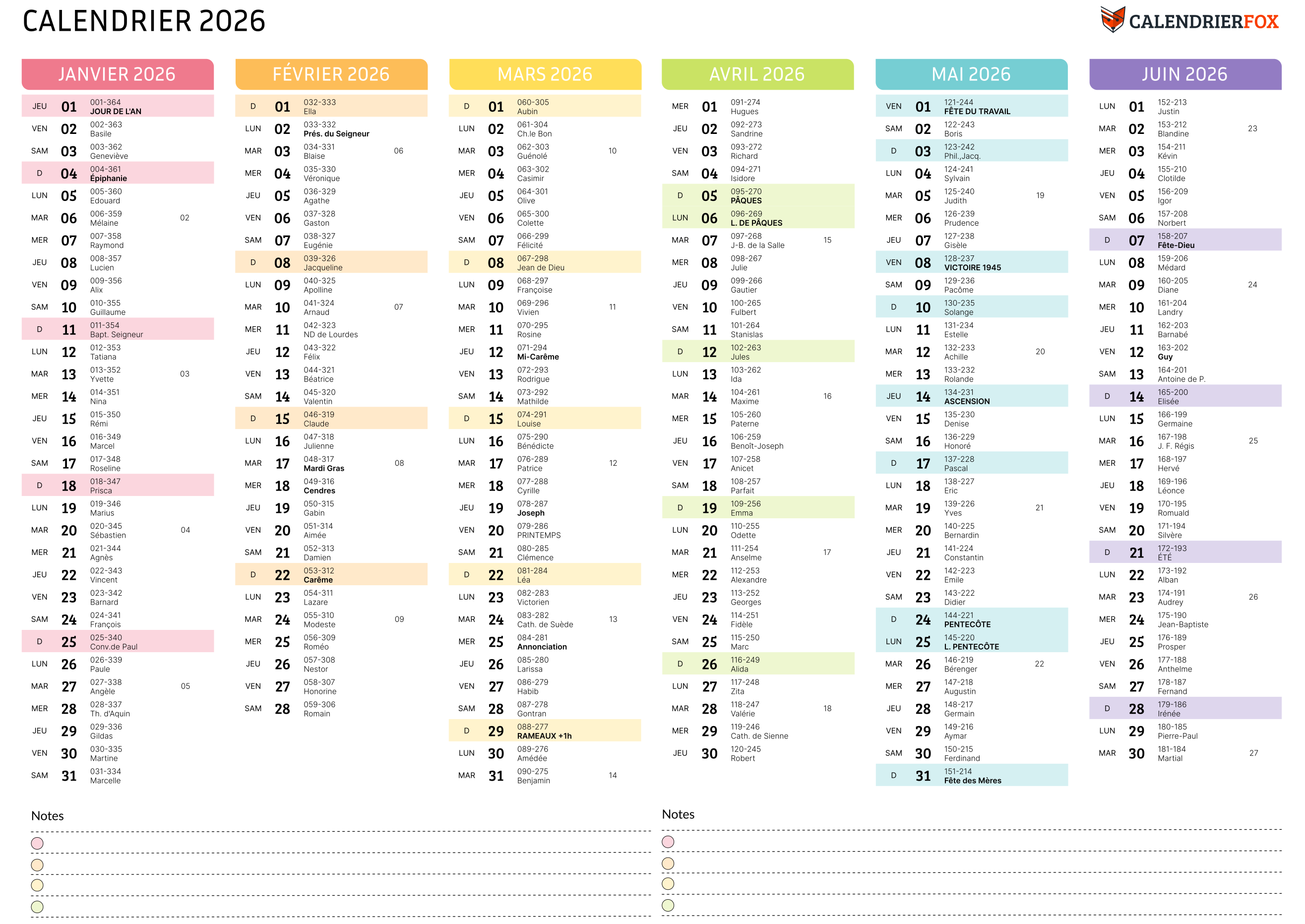Calendrier coloré 2026 avec Français jours fériés