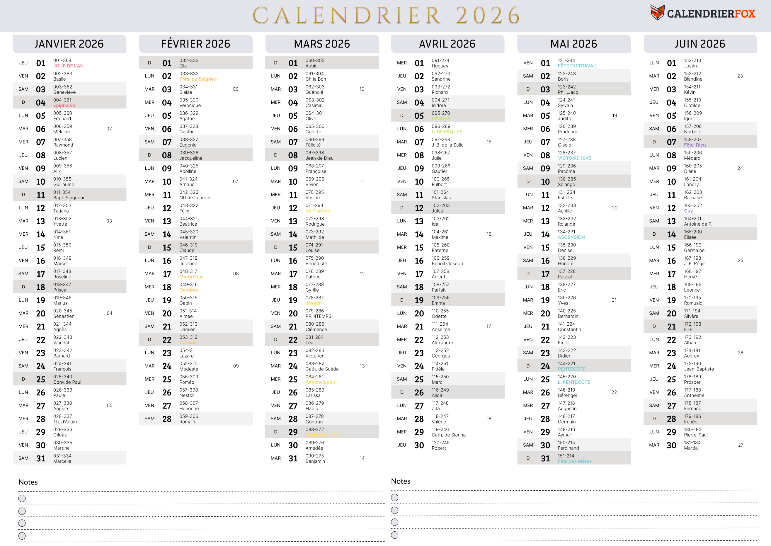 Calendrier minimaliste 2026 avec jours fériés