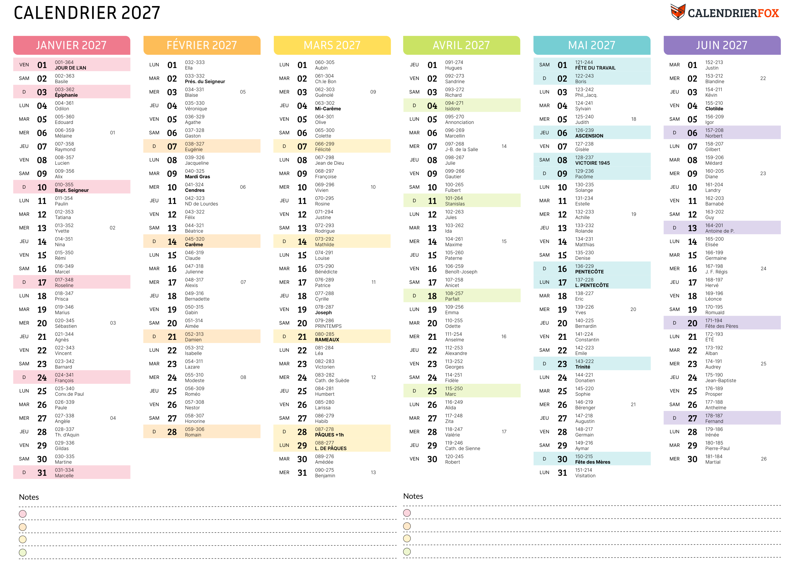 Calendrier coloré 2027 avec Français jours fériés