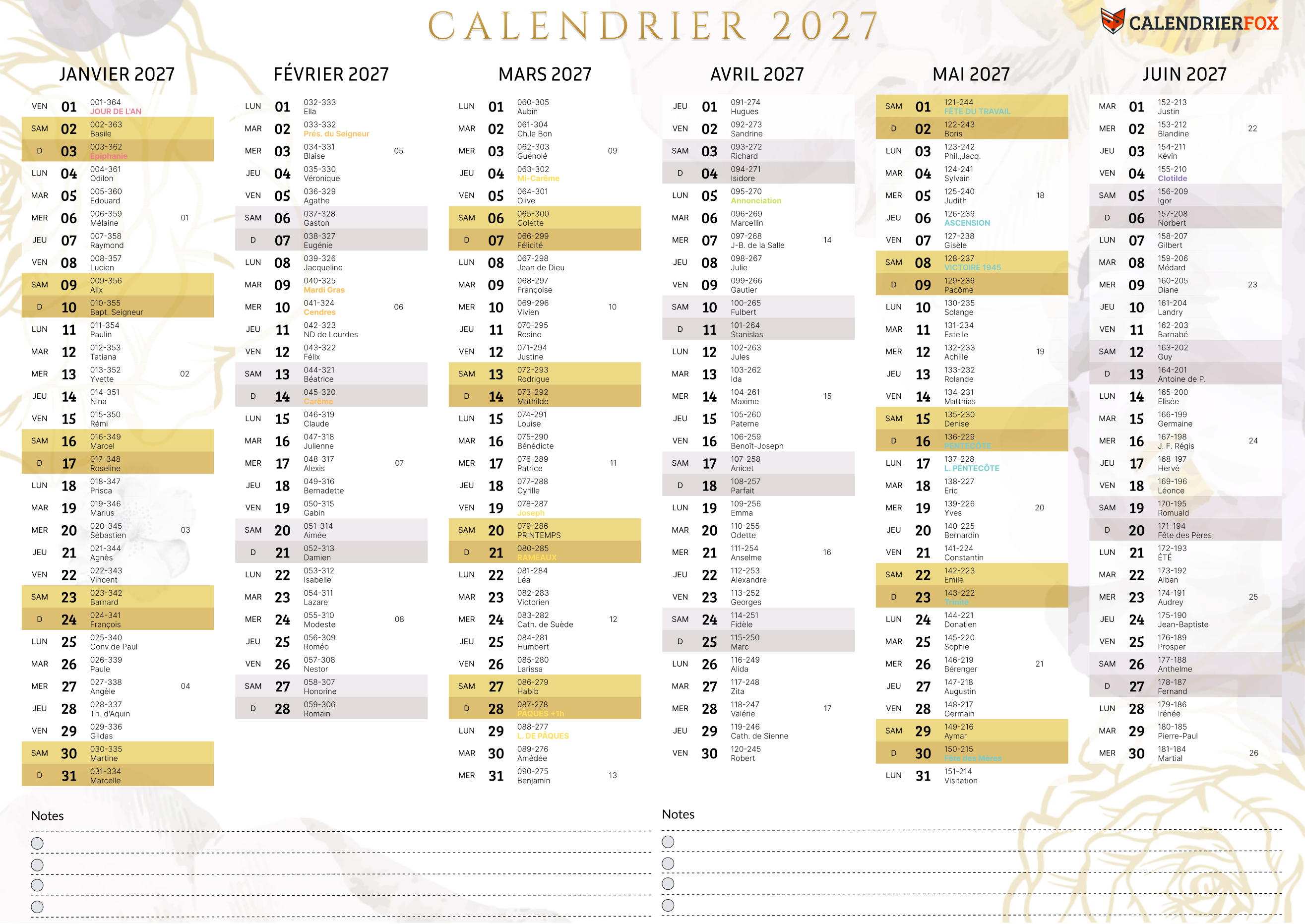 Calendrier esthétique 2027 avec jours fériés