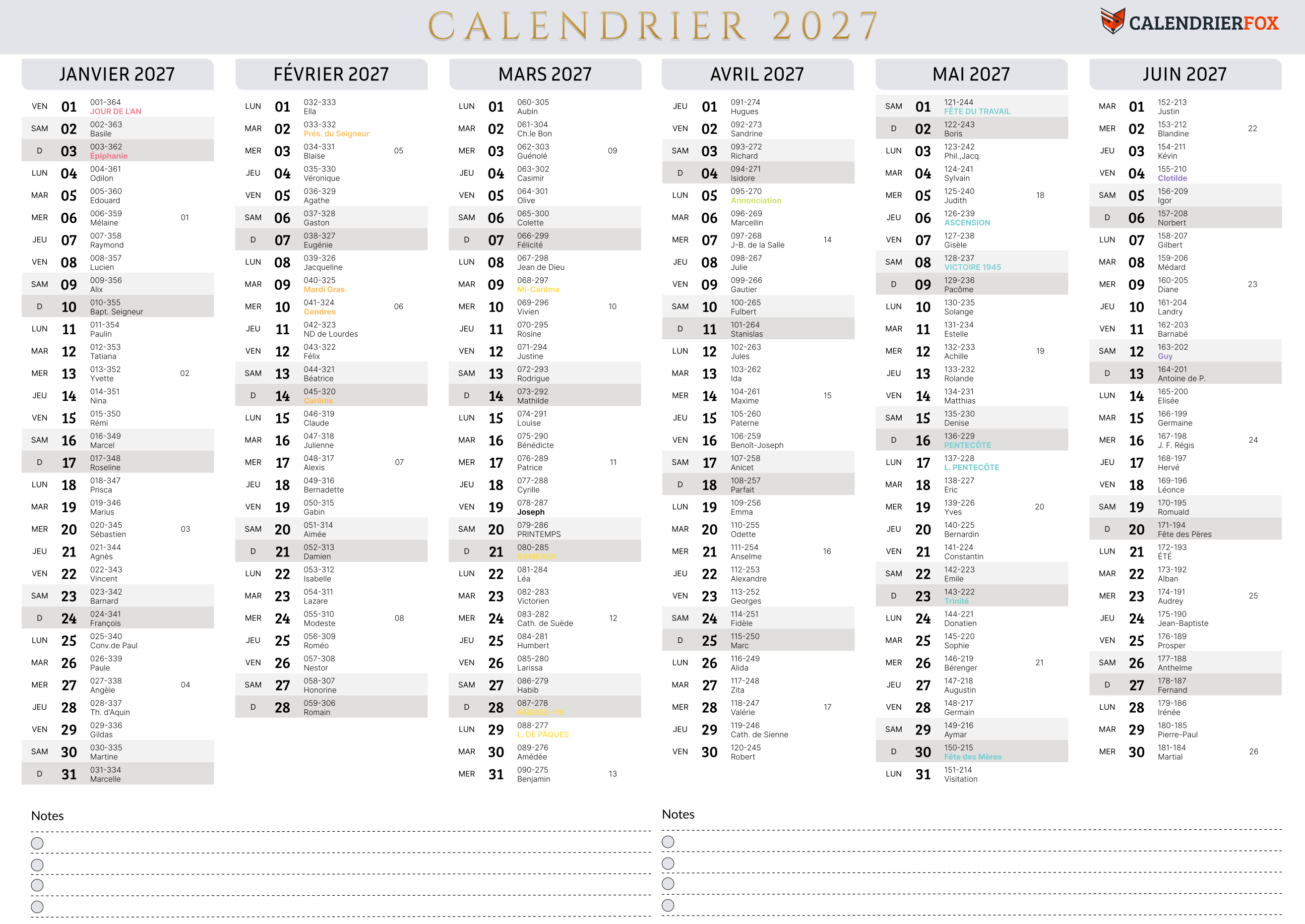 Calendrier minimaliste 2027 avec jours fériés