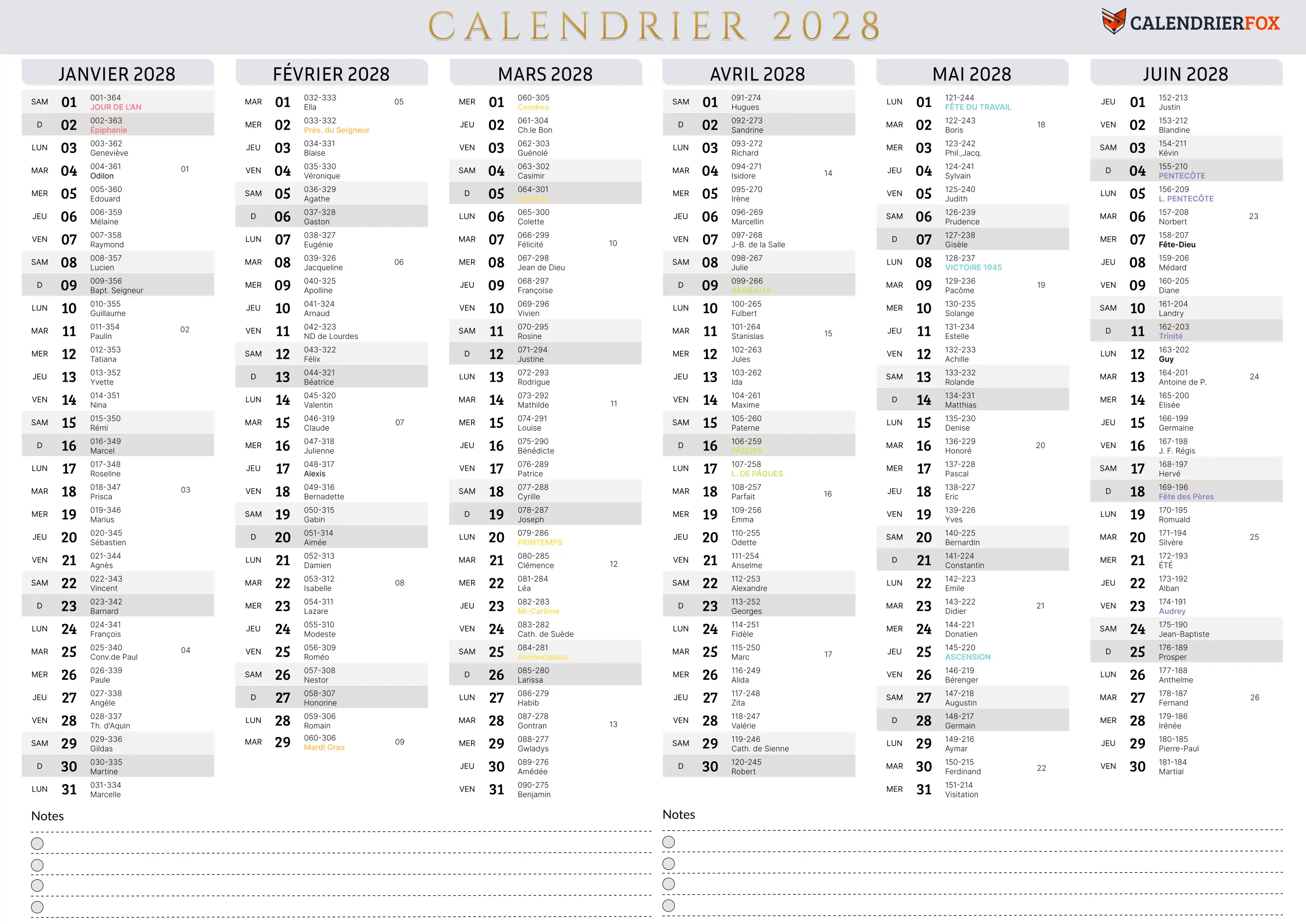 Calendrier minimaliste 2028 avec jours fériés