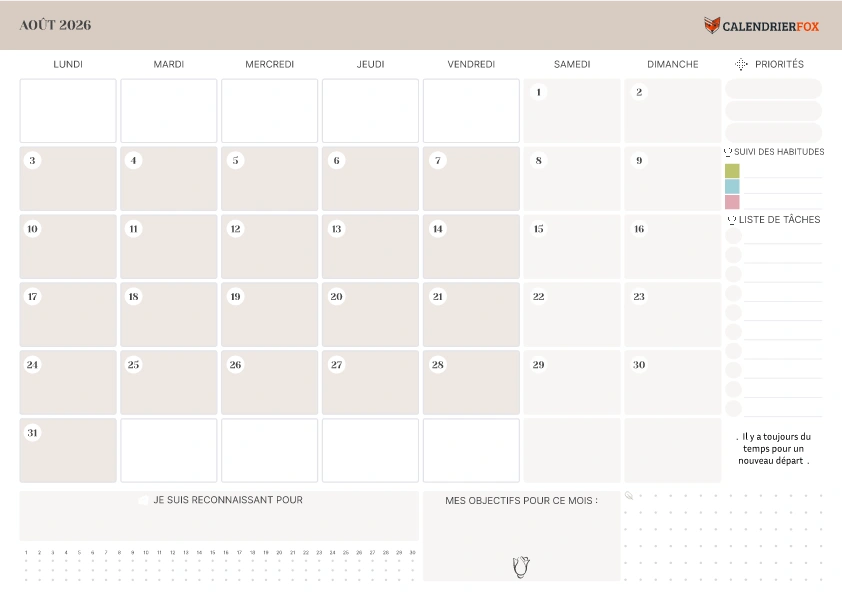 Calendrier Août avec liste de tâches