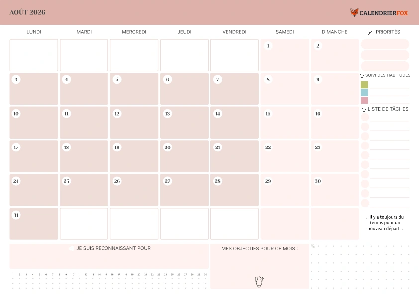 Calendrier Août avec Priorité