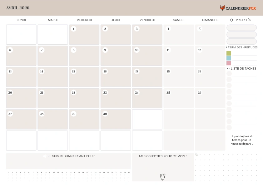 Calendrier Avril avec liste de tâches