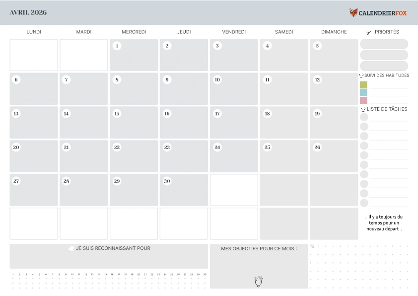 Calendrier Avril avec section Notes