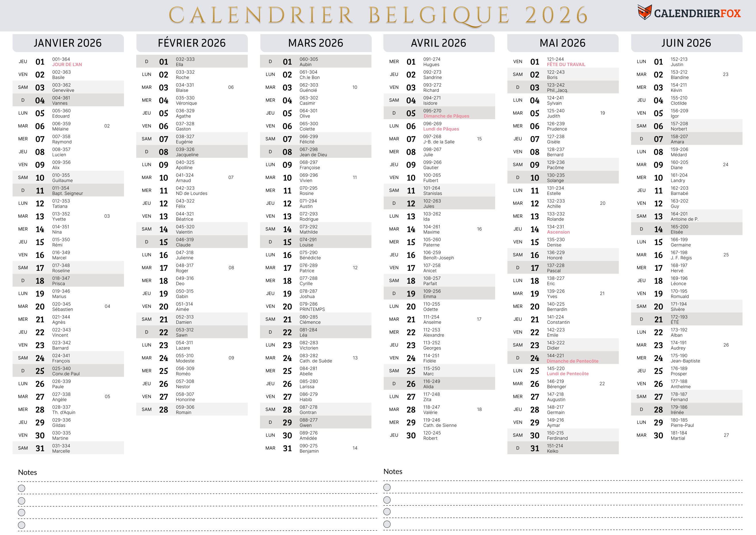 Calendrier Belgique minimaliste 2026 avec jours fériés