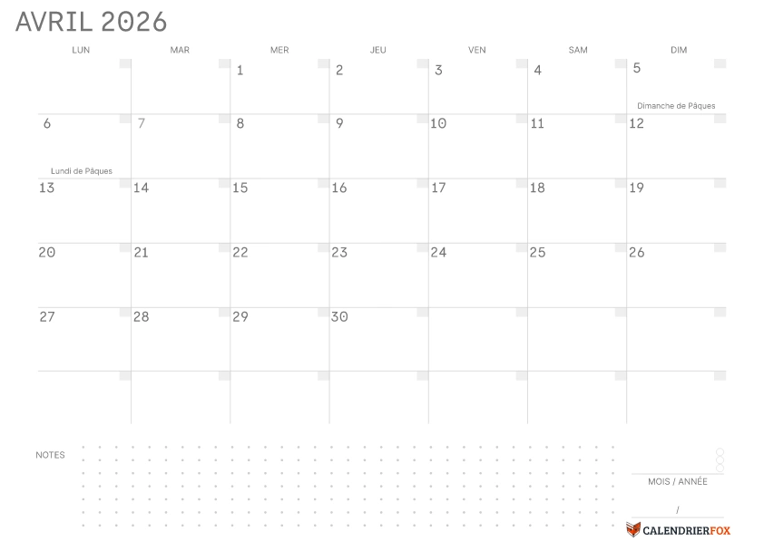 Calendrier Avril 2026 avec jours fériés Simple Notes