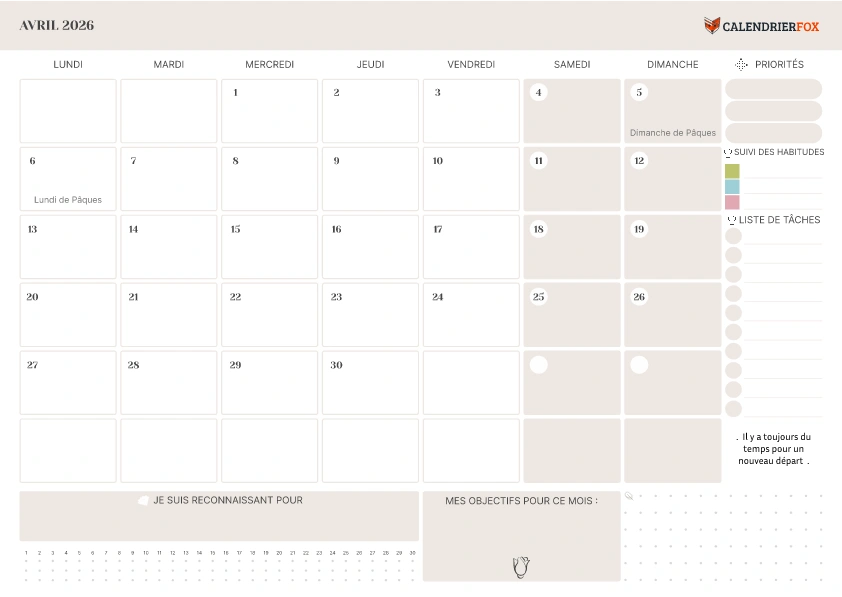 Calendrier Avril 2026 avec jours fériés minimaliste To-Do Liste