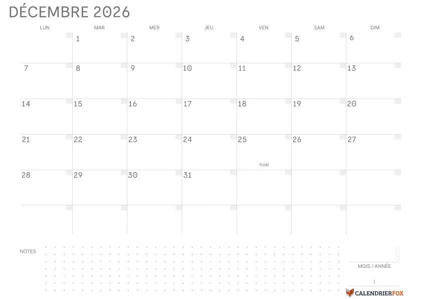 Calendrier Décembre 2026 avec jours fériés Simple Notes