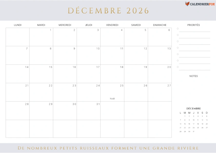 Calendrier Décembre 2026 avec jours fériés esthétique priorités