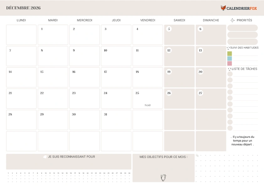 Calendrier Décembre 2026 avec jours fériés minimaliste To-Do Liste