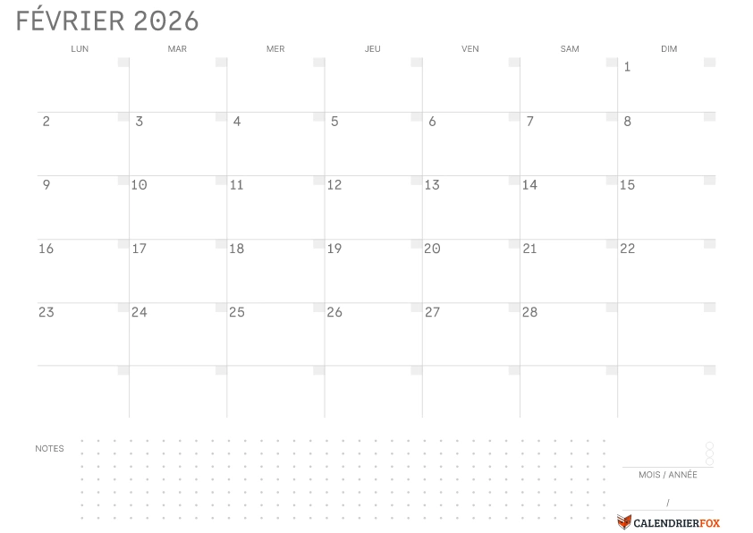 Calendrier Février 2026 avec jours fériés Simple Notes