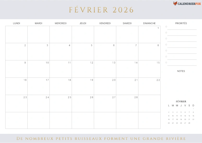 Calendrier Février 2026 avec jours fériés esthétique priorités