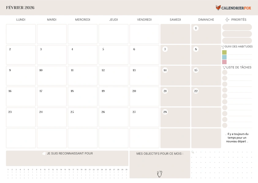 Calendrier Février 2026 avec jours fériés minimaliste To-Do Liste