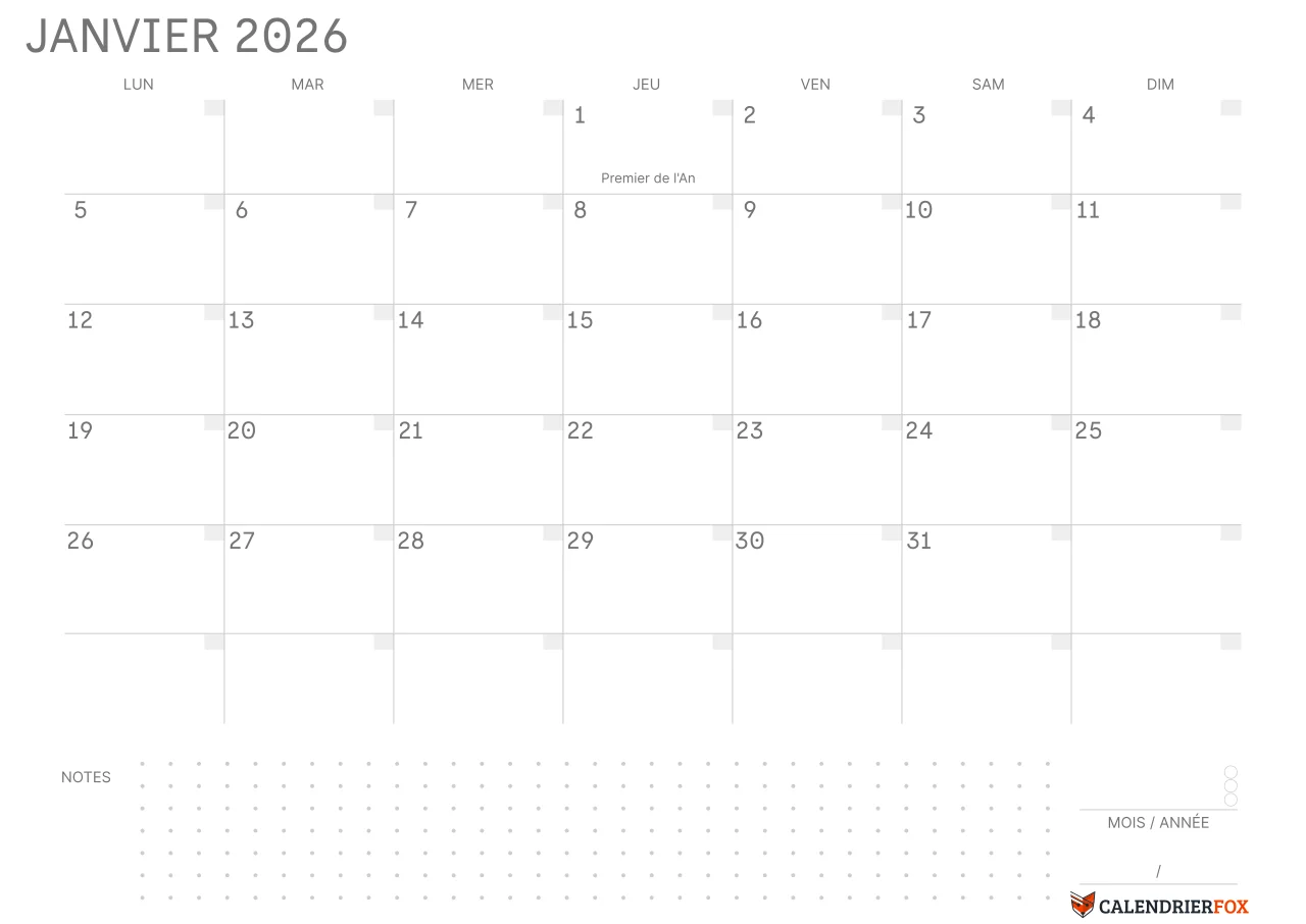 Calendrier Janvier 2026 avec jours fériés Simple Notes