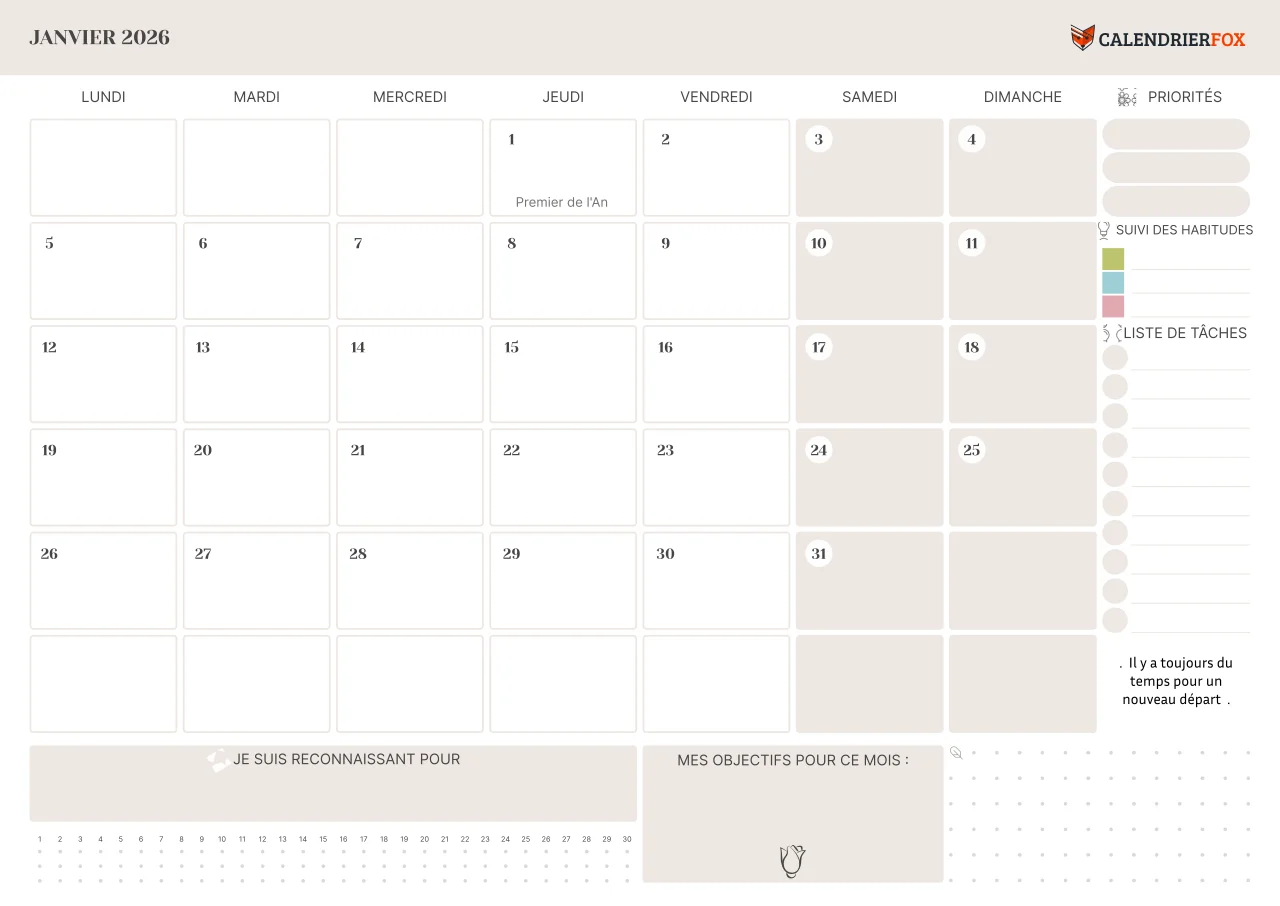 Calendrier Janvier 2026 avec jours fériés minimaliste To-Do Liste