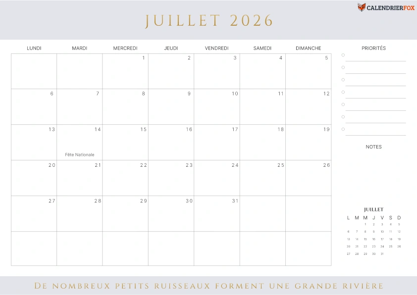 Calendrier Juillet 2026 avec jours fériés esthétique priorités