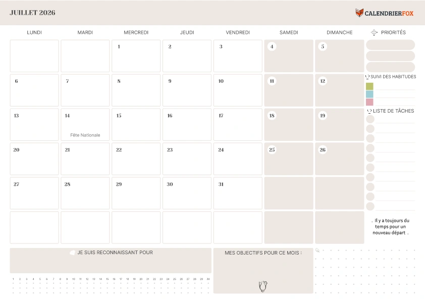 Calendrier Juillet 2026 avec jours fériés minimaliste To-Do Liste