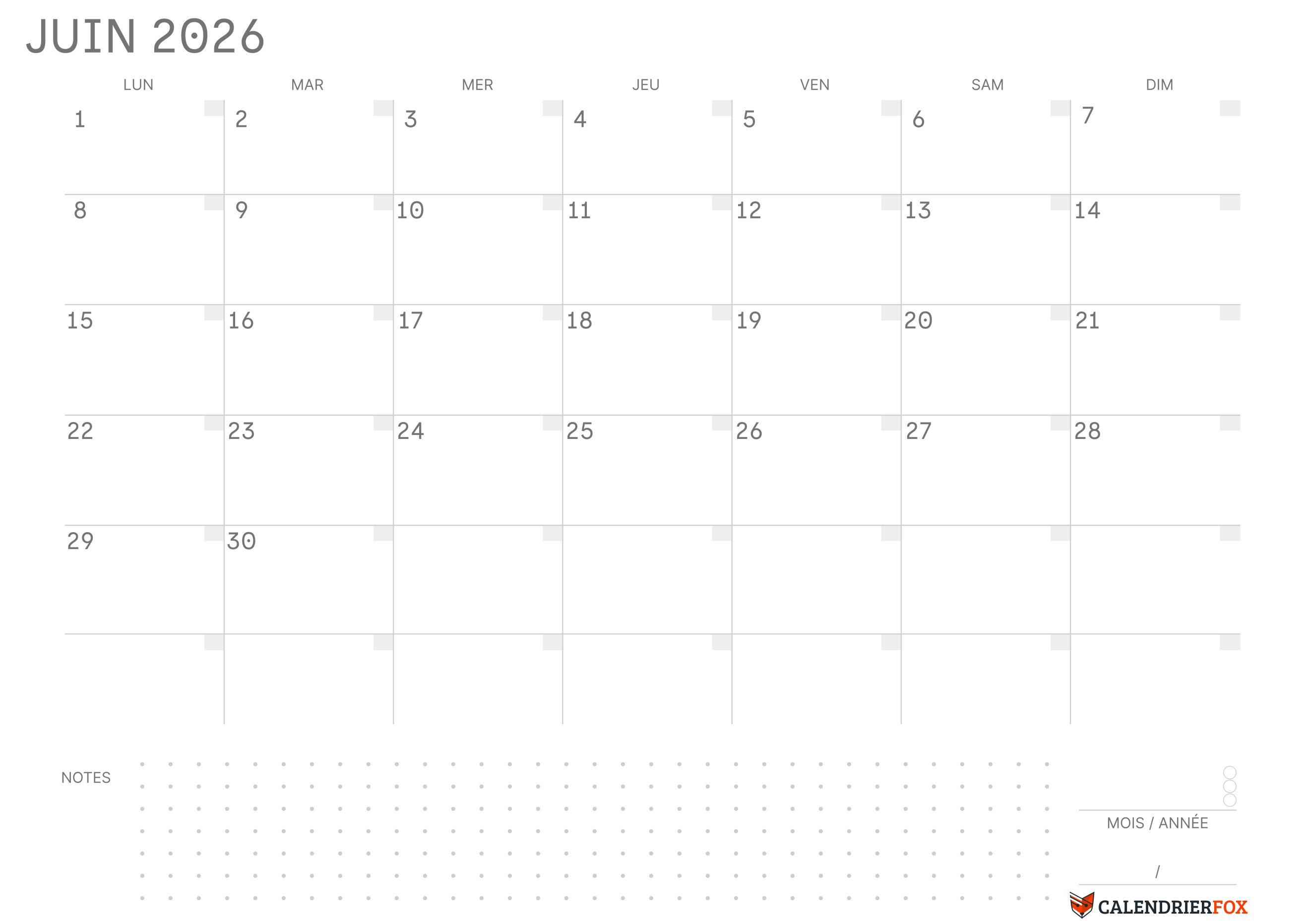Calendrier Juin 2026 avec jours fériés Simple Notes