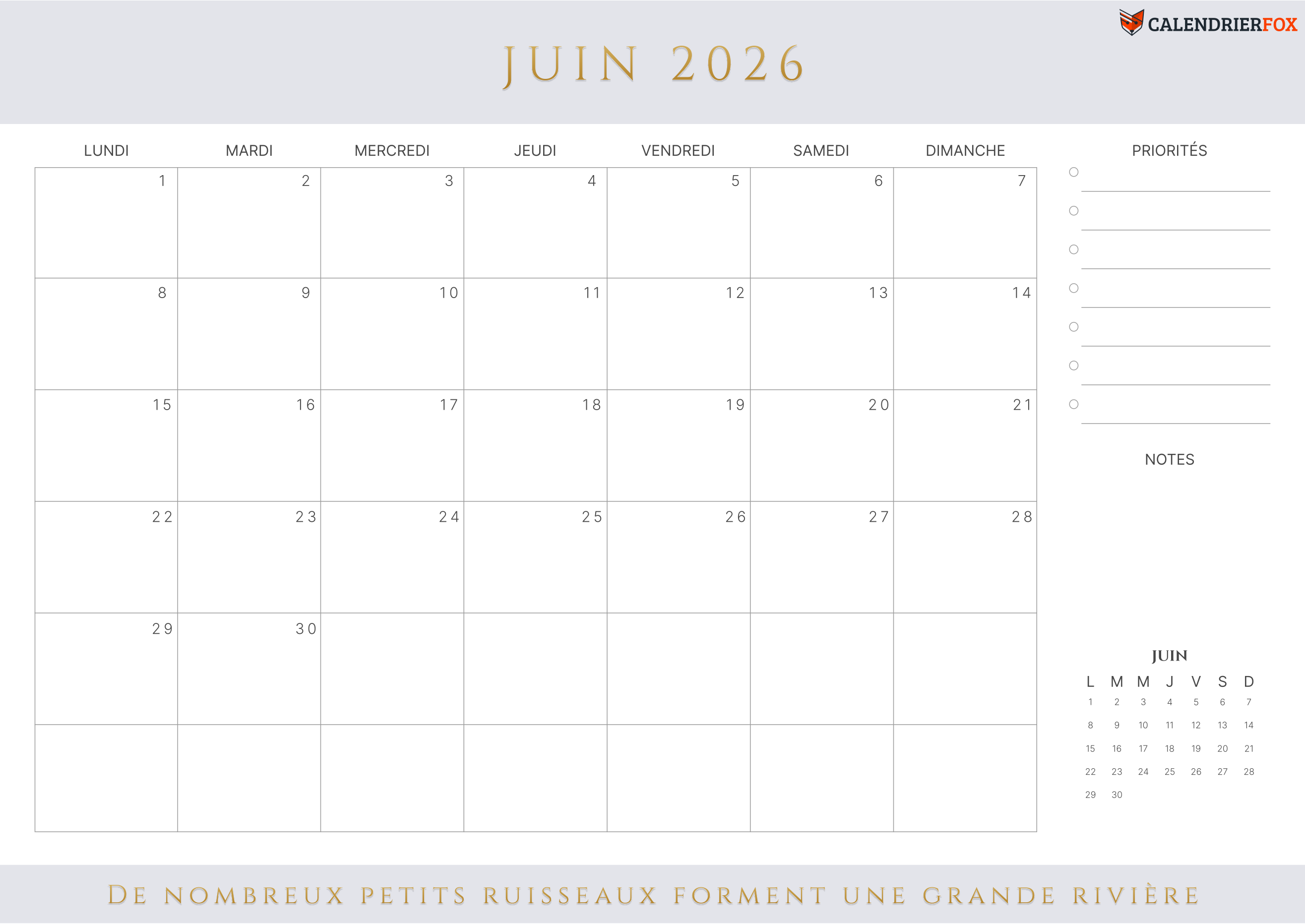 Calendrier Juin 2026 avec jours fériés esthétique priorités