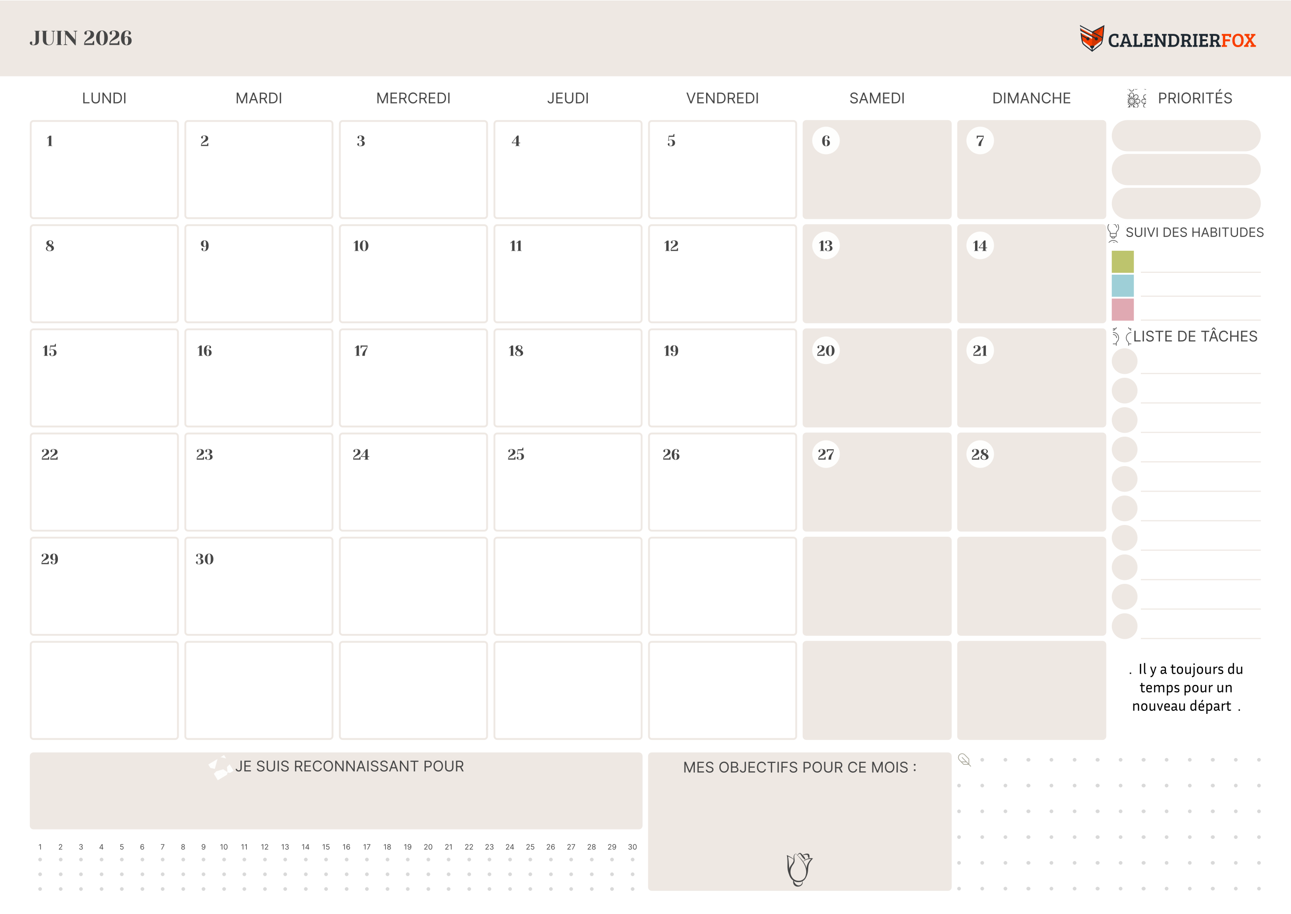 Calendrier Juin 2026 avec jours fériés minimaliste To-Do Liste