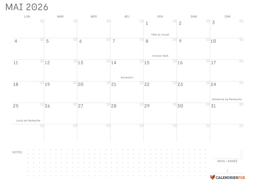 Calendrier Mai 2026 avec jours fériés Simple Notes