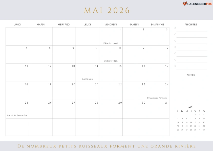 Calendrier Mai 2026 avec jours fériés esthétique priorités