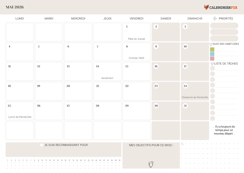 Calendrier Mai 2026 avec jours fériés minimaliste To-Do Liste