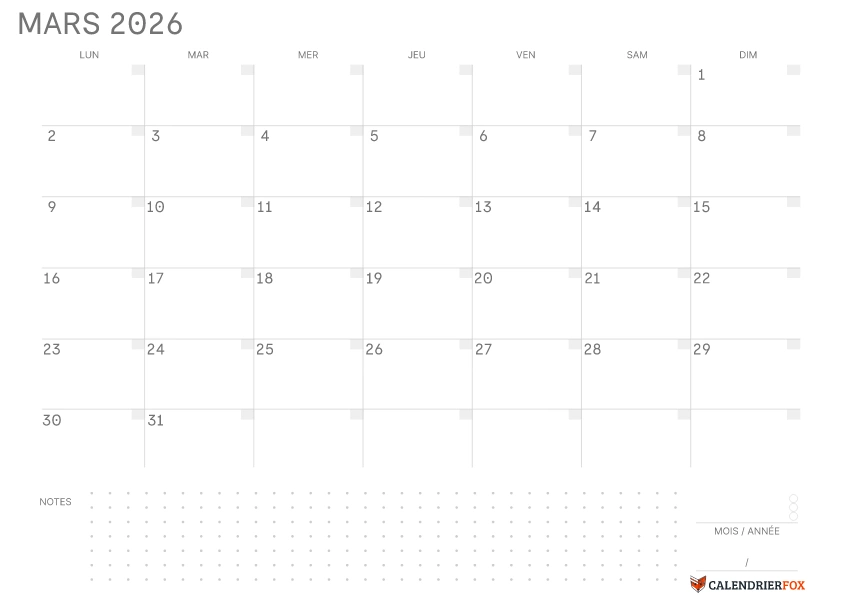 Calendrier Mars 2026 avec jours fériés Simple Notes