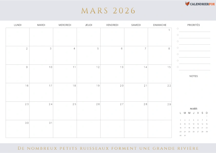Calendrier Mars 2026 avec jours fériés esthétique priorités