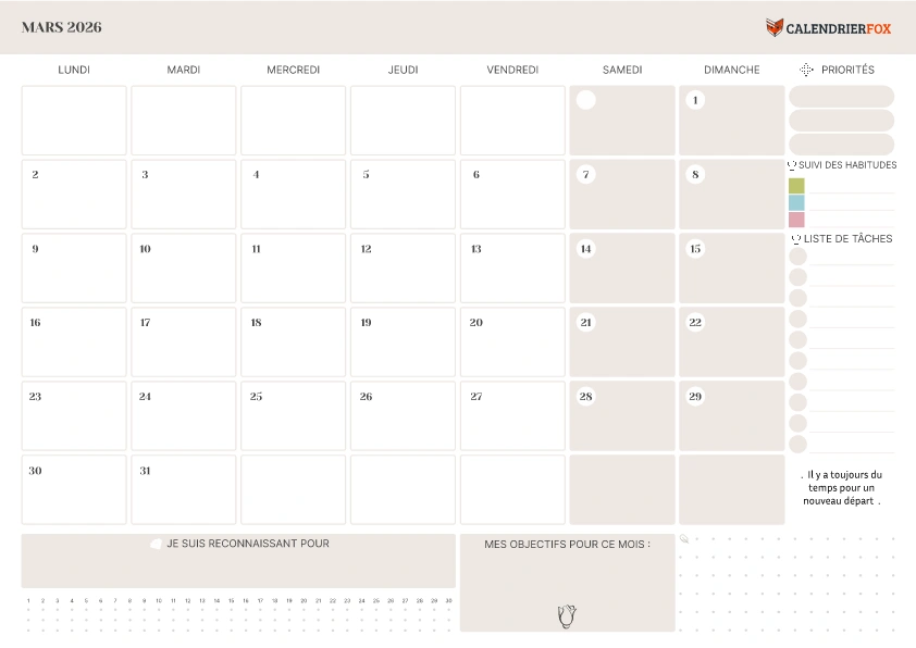 Calendrier Mars 2026 avec jours fériés minimaliste To-Do Liste