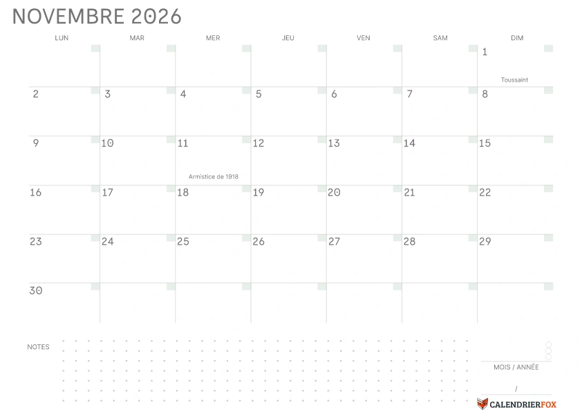 Calendrier Novembre 2026 avec jours fériés Simple Notes