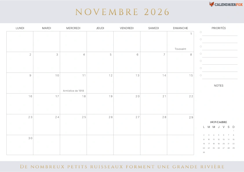 Calendrier Novembre 2026 avec jours fériés esthétique priorités