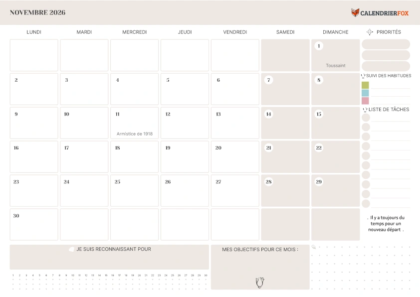 Calendrier Novembre 2026 avec jours fériés minimaliste To-Do Liste