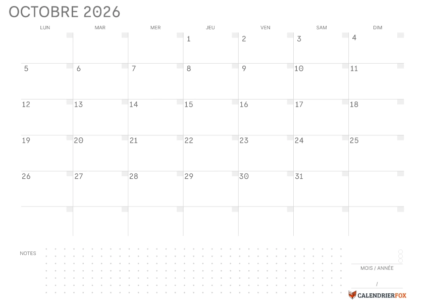 Calendrier Octobre 2026 avec jours fériés Simple Notes