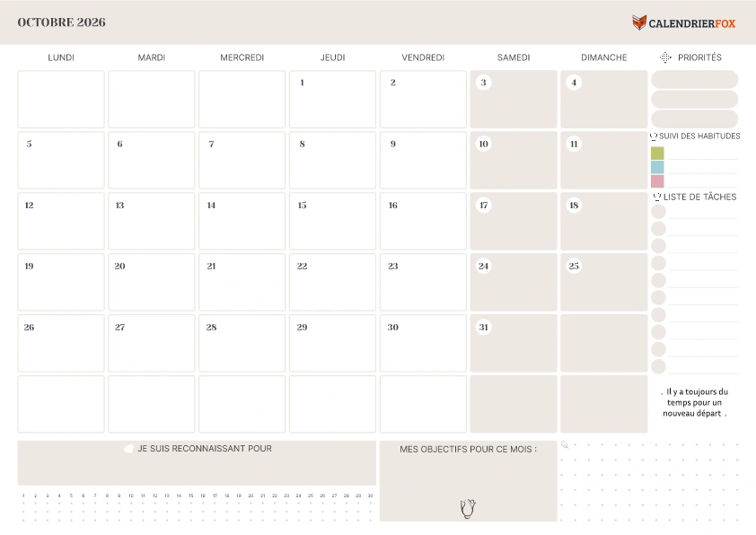 Calendrier Octobre 2026 avec jours fériés minimaliste To-Do Liste