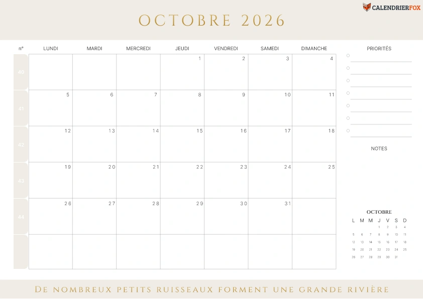 Calendrier Octobre 2026 Imprimer PDF Gratuit Calendrier Octobre 2026 Imprimer PDF Gratuit