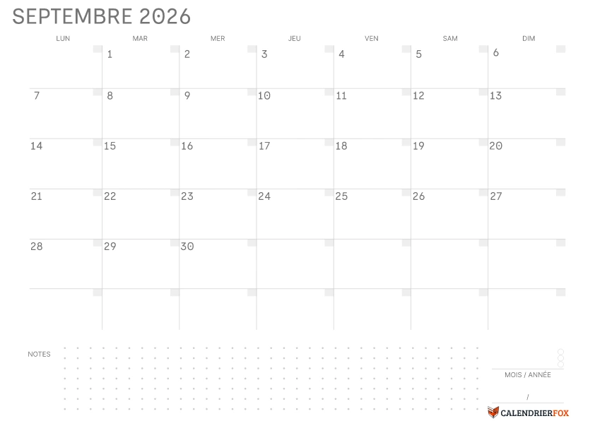 Calendrier Septembre 2026 avec jours fériés Simple Notes